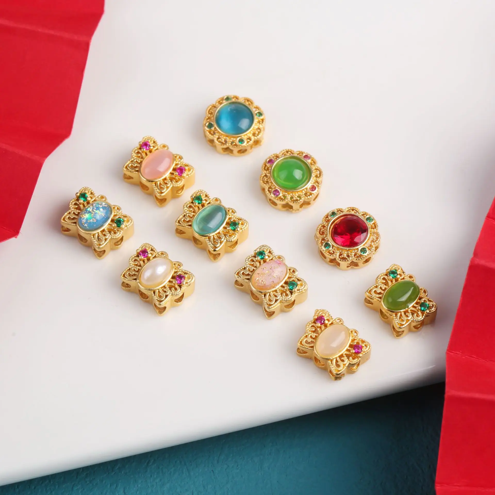 7pcs Copper Plating Hollow Multi-pass Ring Inlaid White Stone Spacer Beads Diy Bracelet Necklace Jewelry Accessories Wholesales