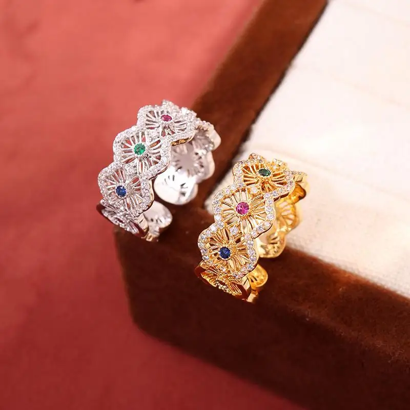 

French retro palace style colored zircon open ring 18K gold-plated hollow flower shape light luxury high-end jewelry