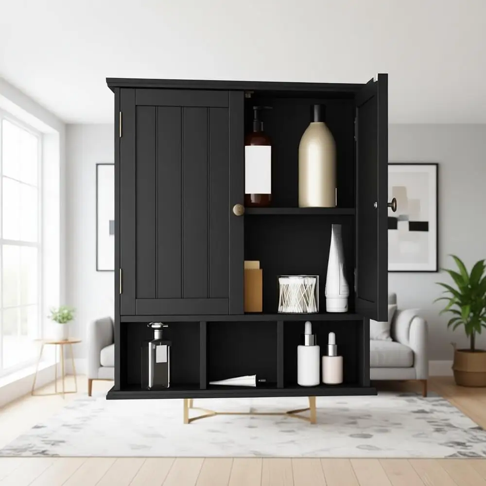 

Space-Saving 2-Door Wooden Medicine Cabinet with 3 Adjustable Shelves for Bathroom & Living Room, Black