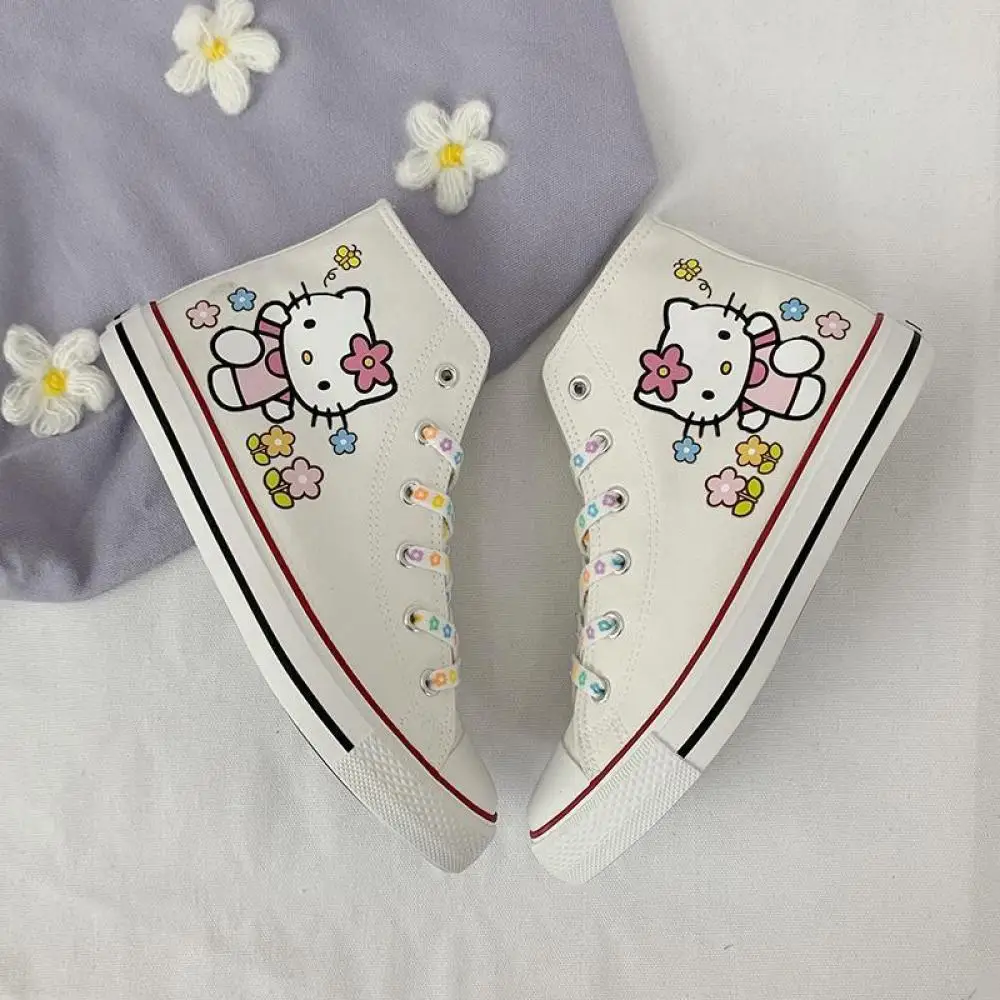 Kawaii Sanrio Hello Kitty Women High-Top Canvas Flat Shoes Spring Autumn Lace-Up Sport Shoes Non-Slip Sneakers Zapatos De Mujer