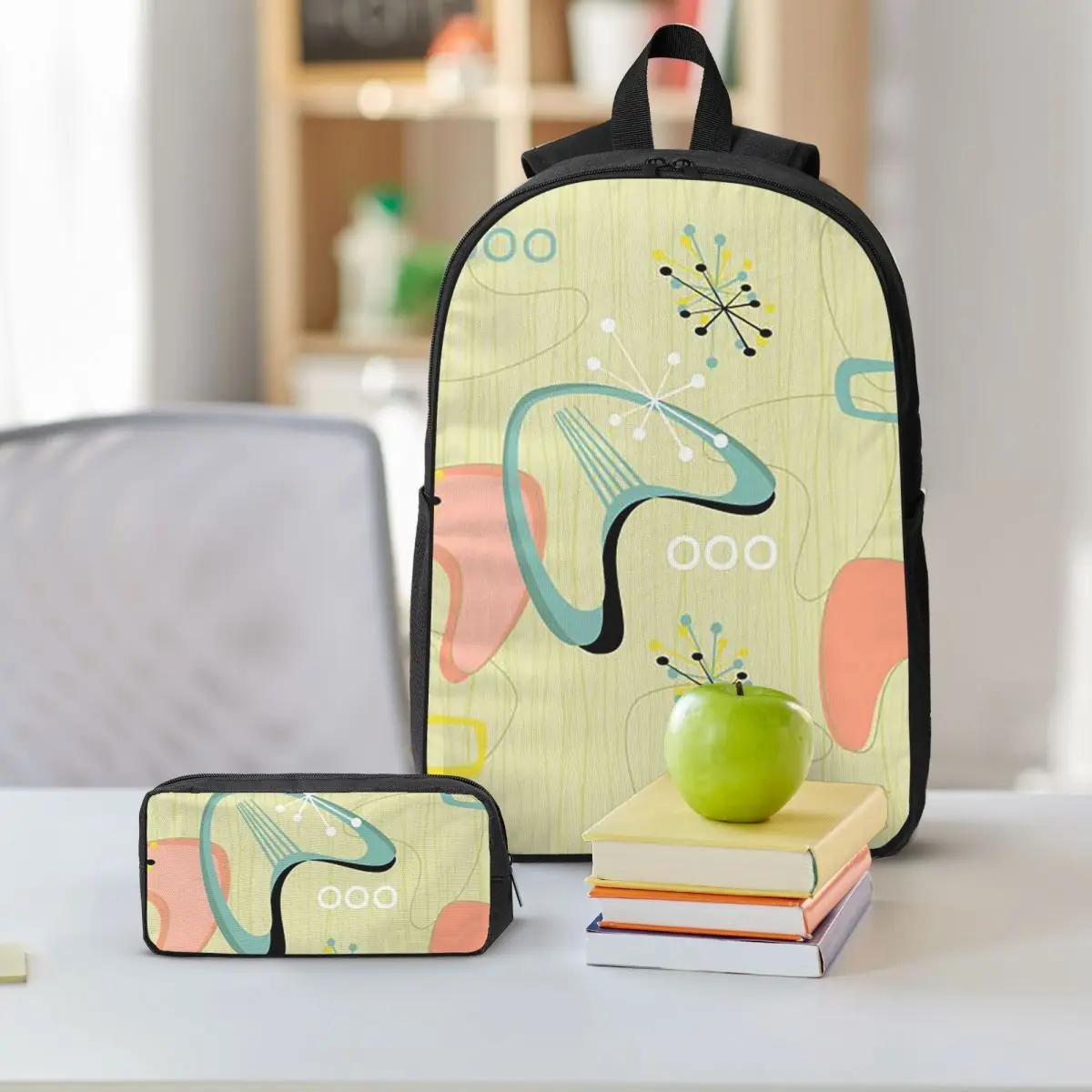 Retro Eames-Era Atomic Inspired Geometry Pattern Backpack BookBag School Bag Shoulder Bags 3ps Insulated Lunch Bag Pencil Case