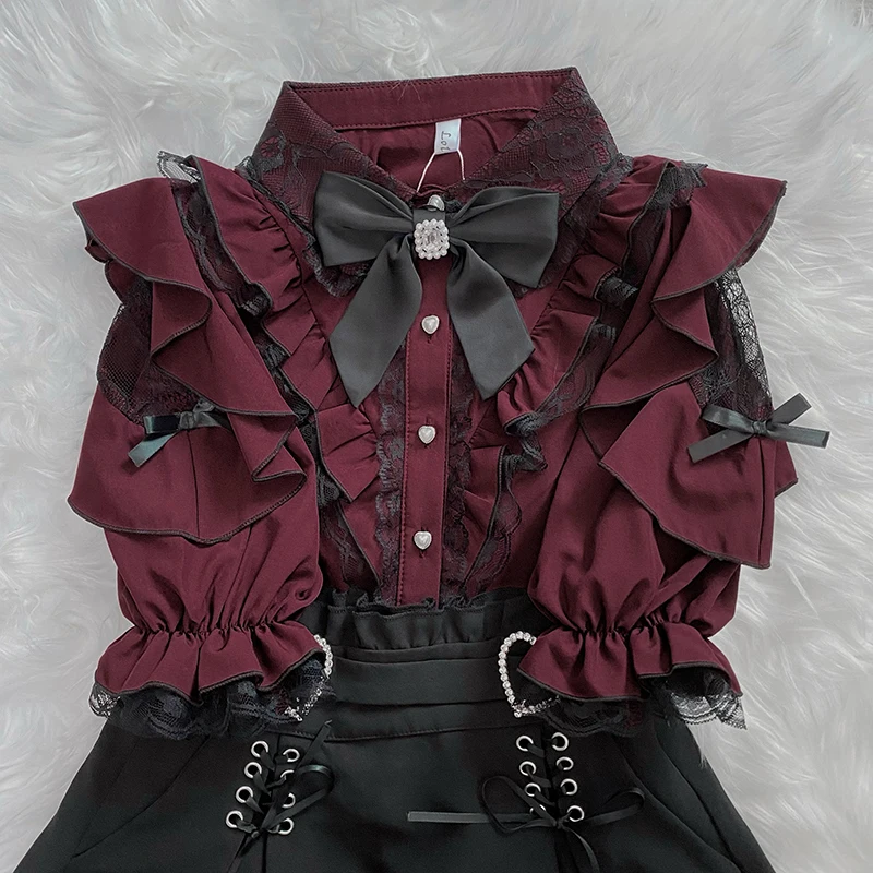 Letnie Słodkie Kawaii Moda Lolita Koszule Damskie Eleganckie Urocze Bluzki w Japońskim Stylu Y2K Estetyczne Gotyckie Eleganckie Bluzki z Długim Rękawem