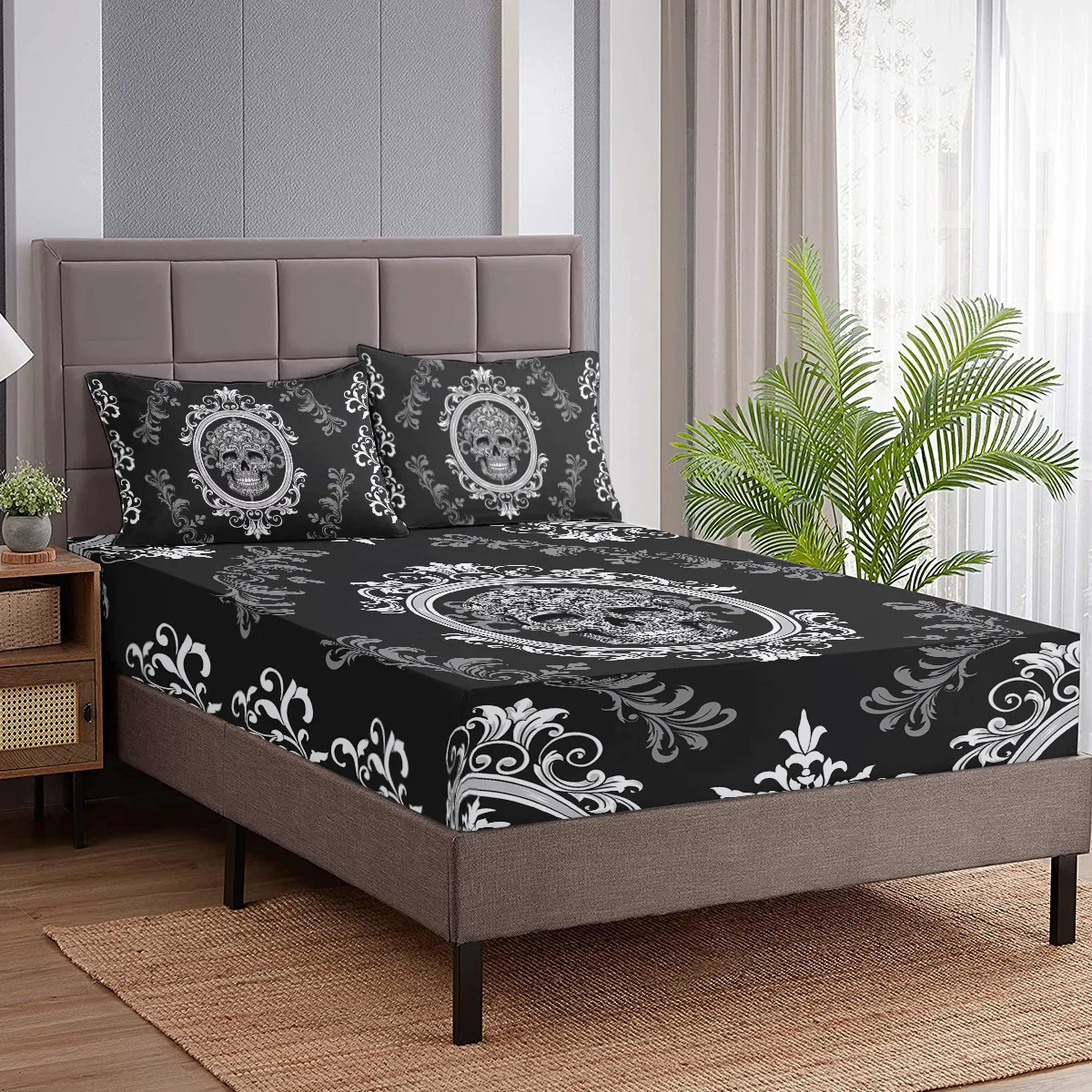 Tattooed Flower Skull Fitted Sheet Deep Pocket Black Skeleton Lightweight Bedding Set 2 Pillowcases 3 Piece