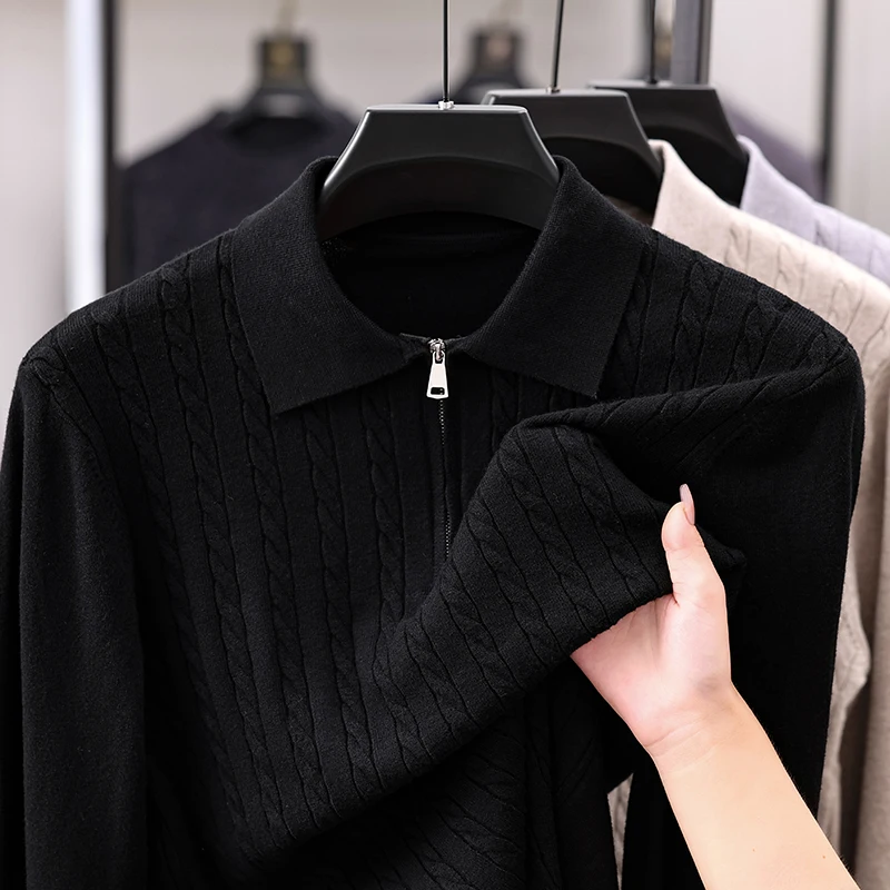 Men Long-Sleeved Knitwear Solid Color Lapel Half-Zip Jacquard Weaving Autumn Winter New Pullover Casual Fashion Men's Clothing