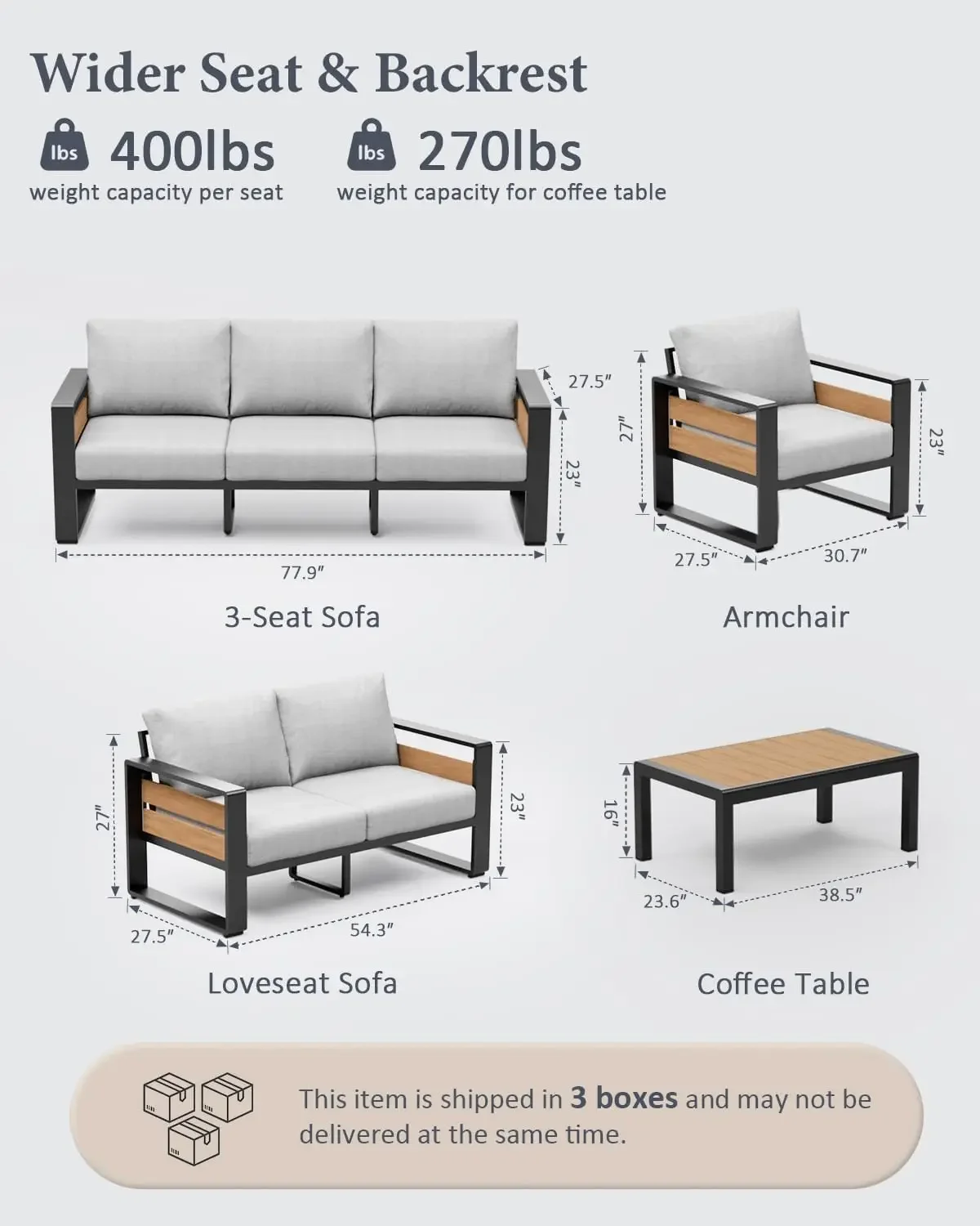 Aluminum Outdoor Patio Furniture - 2 Pcs Armchair, All-Weather Metal Modern Outside Furniture with Washable Thick Cushion for Ga