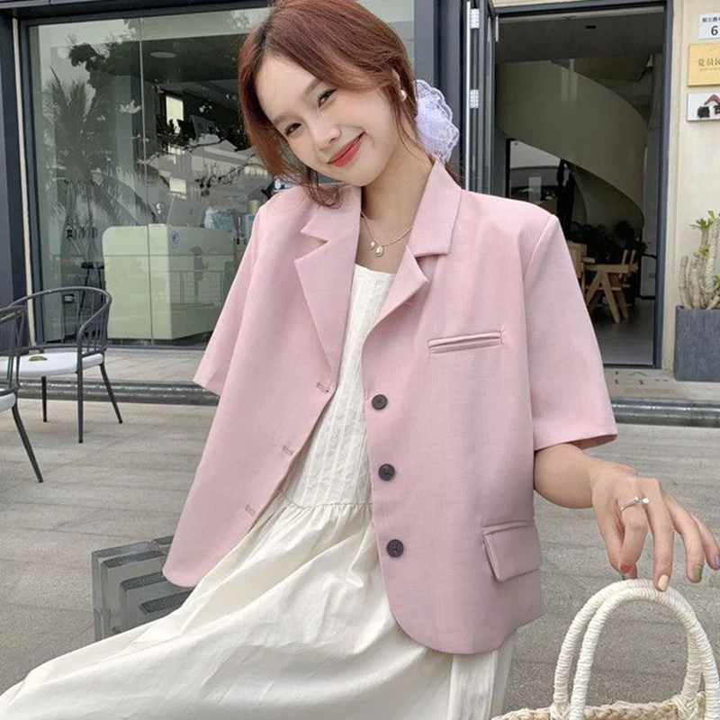 Pink Short Sleeve Suit Jacket Women 2024 Elegant Office Single Breasted Blazer Woman Summer Lapel Collar Casual Cropped Coat