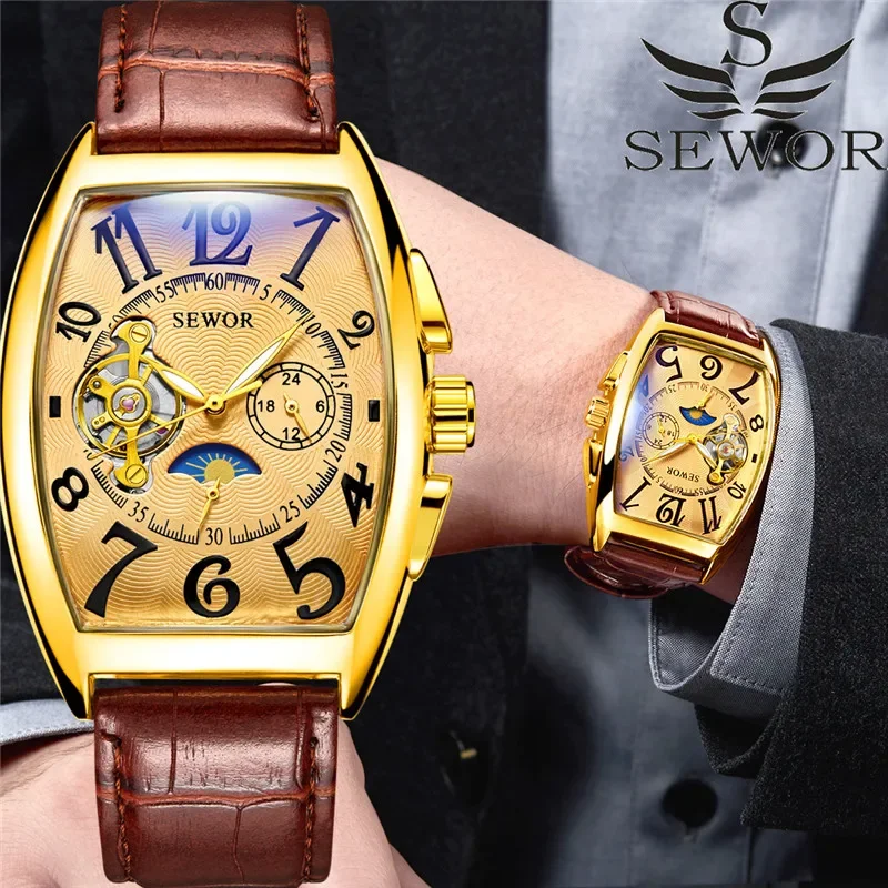 SEWOR Watch Luxury Tourbillon Watches Men Fashion Barrel Type Moon Phase Small Seconds Automatic Mechanical Wristwatches Men