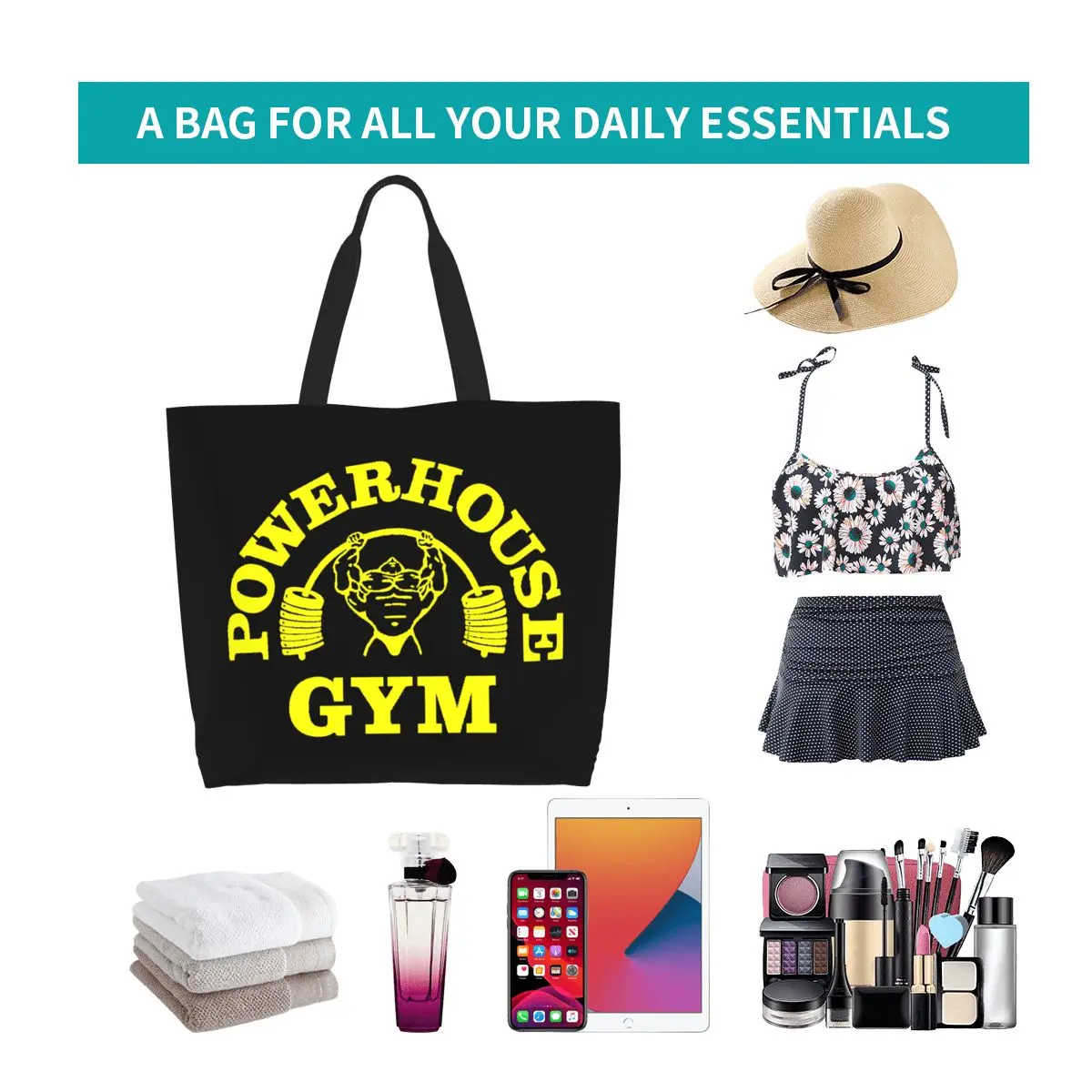 Divertente stampa gialla Powerhouse Gym Tote Shopping Bag borsa a tracolla in tela portatile Fitness Building Muscle Handbag