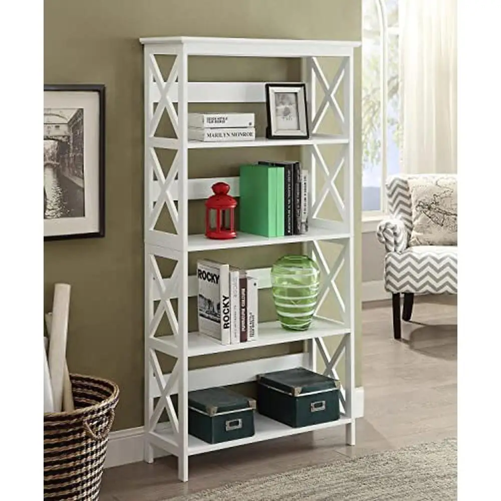 5-Tier White Wood Oxford Bookcase Spacious Shelves Easy Assembly Office Decor 31.5"x11.75"x60" Floor Mount Rectangular Shape