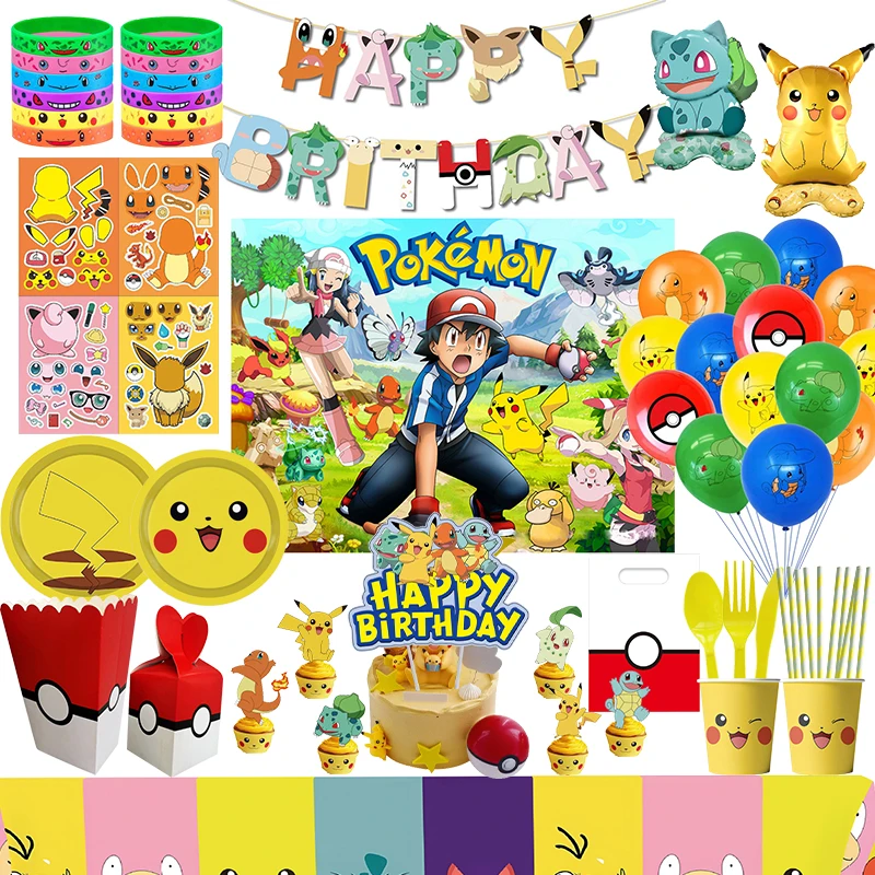 Decoraciones de fiesta de cumpleaños de Pokémon, vajilla temática de Pikachu, vasos de papel, platos, mantel, pancarta de fondo, globo de dígitos,