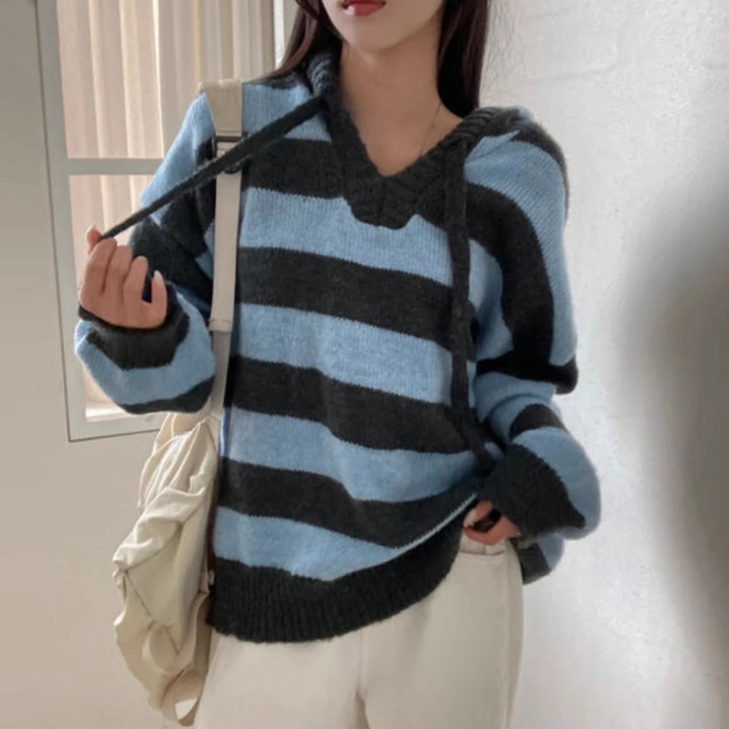 

Retro Lazy Sle Soft Stripe Dstring Hooded Knitted Sweater Women's Loose Overhead Winter New Arrival Korean Version Long ...