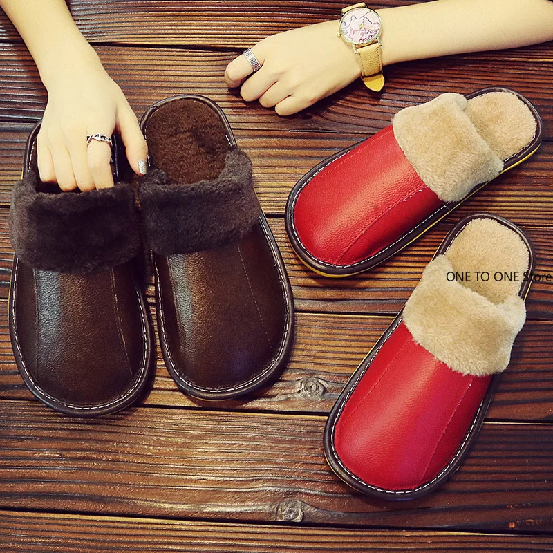 

Women Winter Leather Slippers Bedroom Cotton Slippers Male Waterproof Thick Plus Velvet Indoor Warm House Home Slippers Shoes