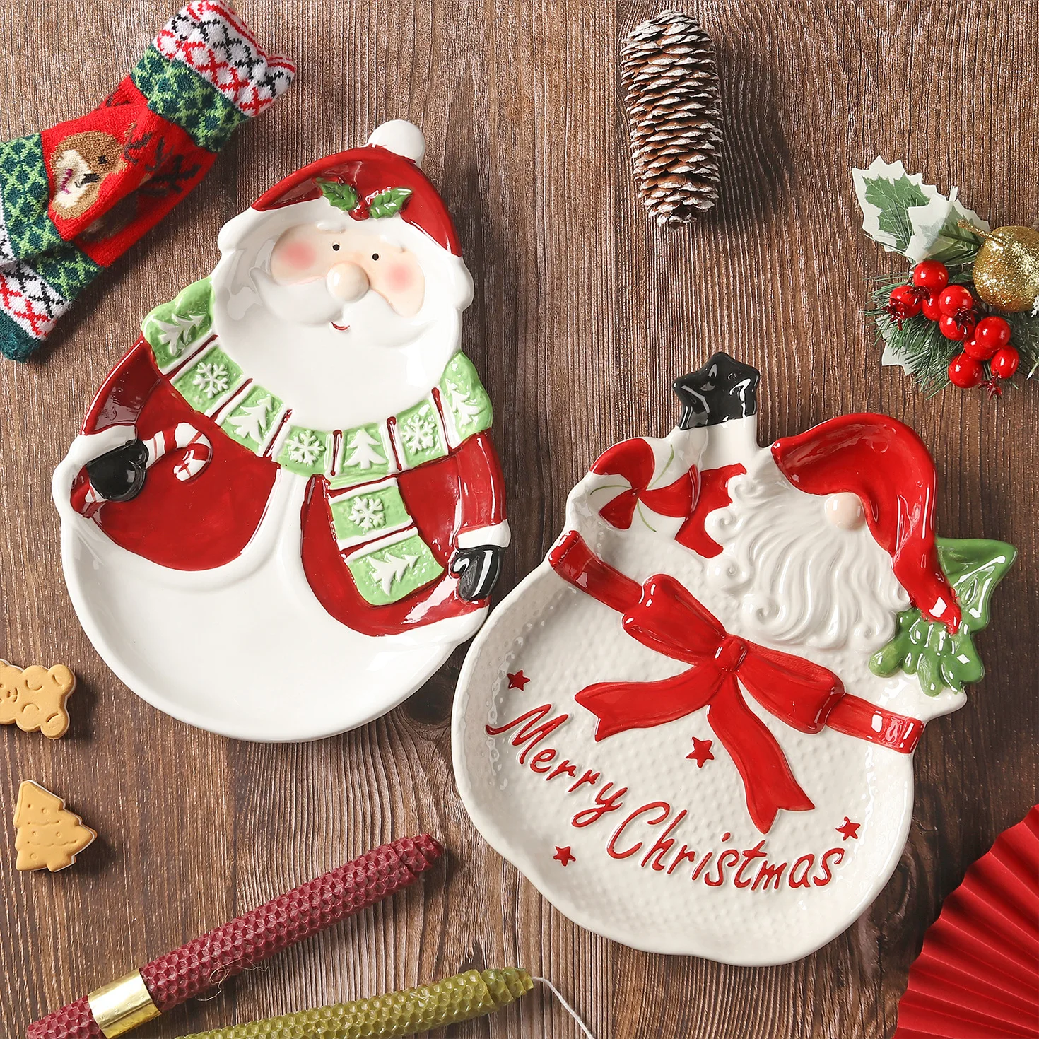 Christmas Tree Ceramic Dessert Set, 3D Santa Claus Relief Snack Appetizer Bowl Tray for Holiday Party, Xmas Tableware