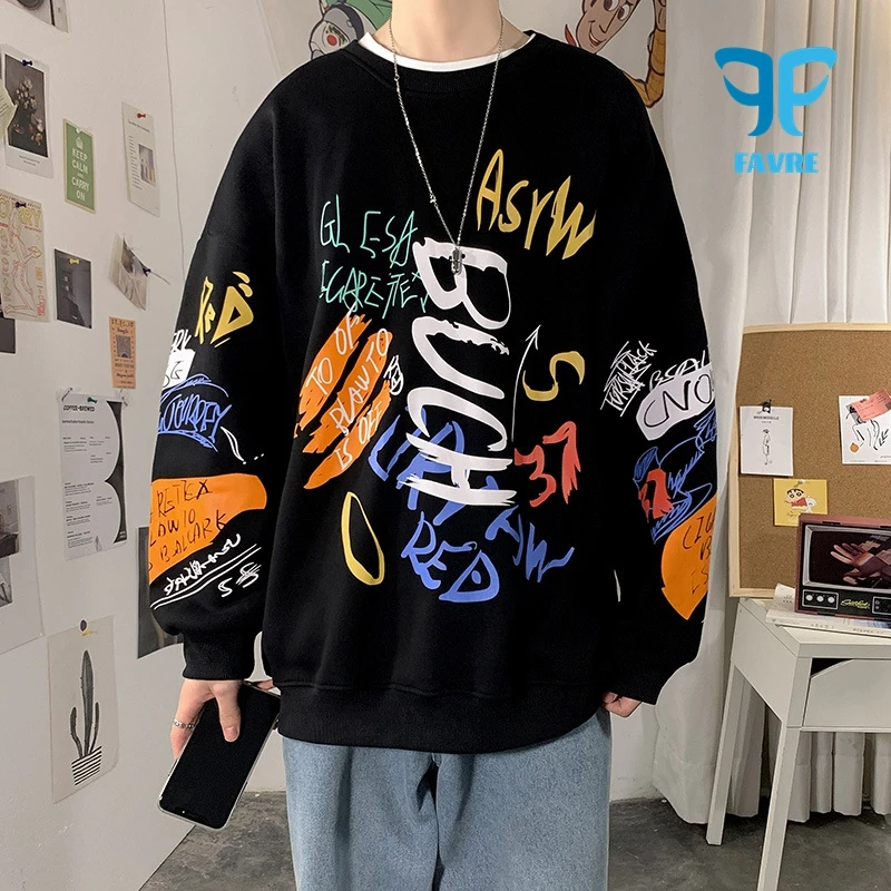 FAVRE Mens Graffiti Sweatshirts Roundneck Letter Print Hoodies Japanese-style Harajuku Streetwear Hip Hop Casual Loose Pullovers