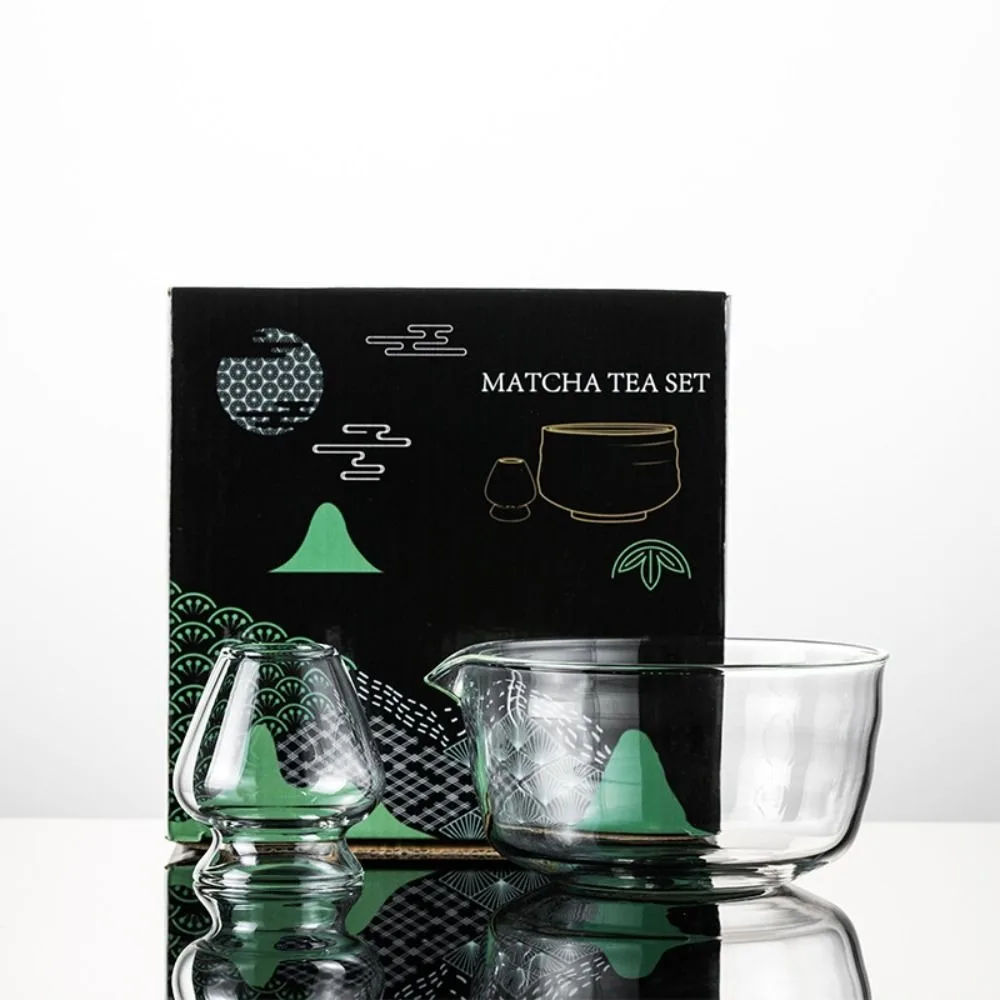 New Textured Matcha Bowl Glass Reusable Japanese Tea Set with Pouring Spout Matcha Whisk Set Tea Lovers
