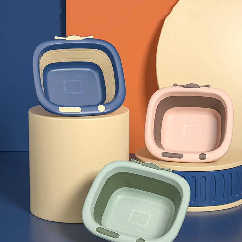 

Folding Washbasin Blue Cartoon Foldable Portable For Bathroom Travel Compact Sturdy Washing Basin Plastic Portable