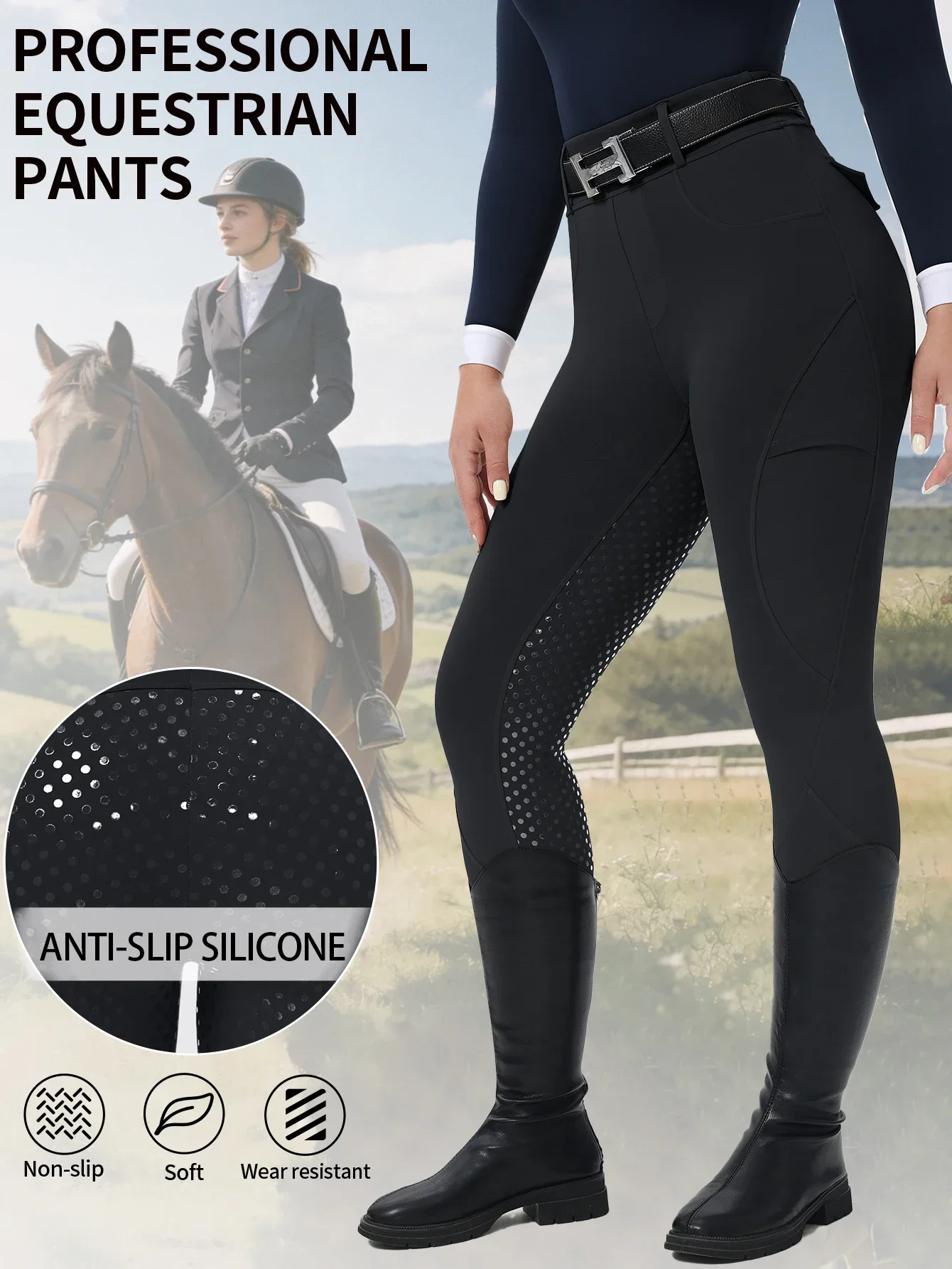 Women High Waist Equestrian Breeches, Dot Silicone Non Slip Grip Riding Leggings, Wear Resistant Pants for Women Horse Training