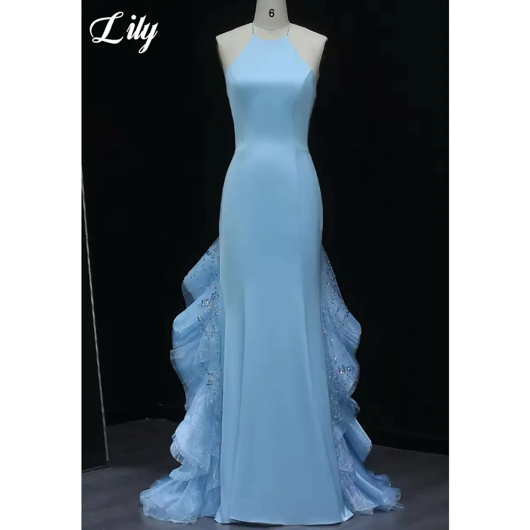 

Lily Light Blue Prom Dress Halter Neck Backless Mermaid Evening Dress Floor Length Party Dresses With Ruffle Train Customized