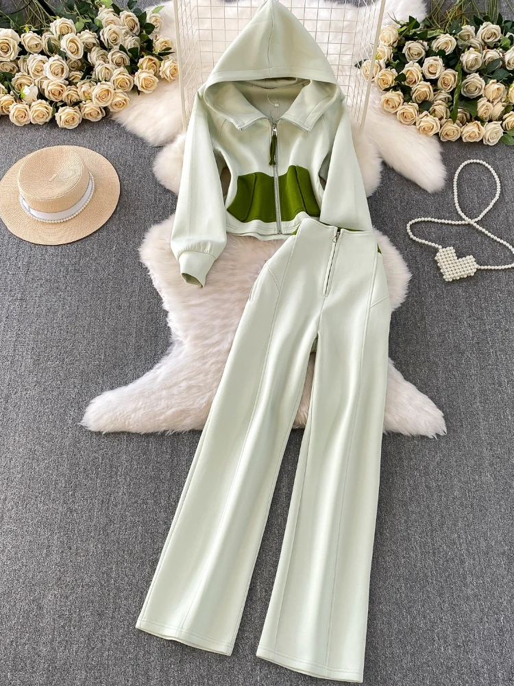 طقم رياضي كاجوال مكون من قطعتين تصميم خريفي للسيدات جاكيت بقلنسوة وسحاب ملون متباين + بنطال تنحيف عالي الخصر #1