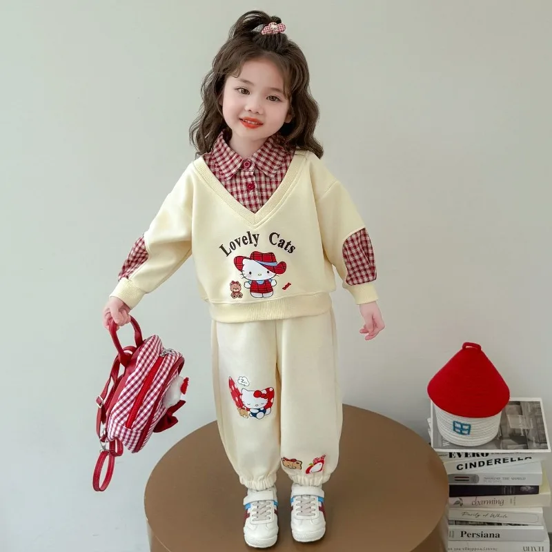 

Kawaii Hello Kitty Sanrio детская милая спортивная одежда с длинными рукавами и героями мультфильмов, студенческие удобные штаны, толстовка из двух предметов, подарок для детей