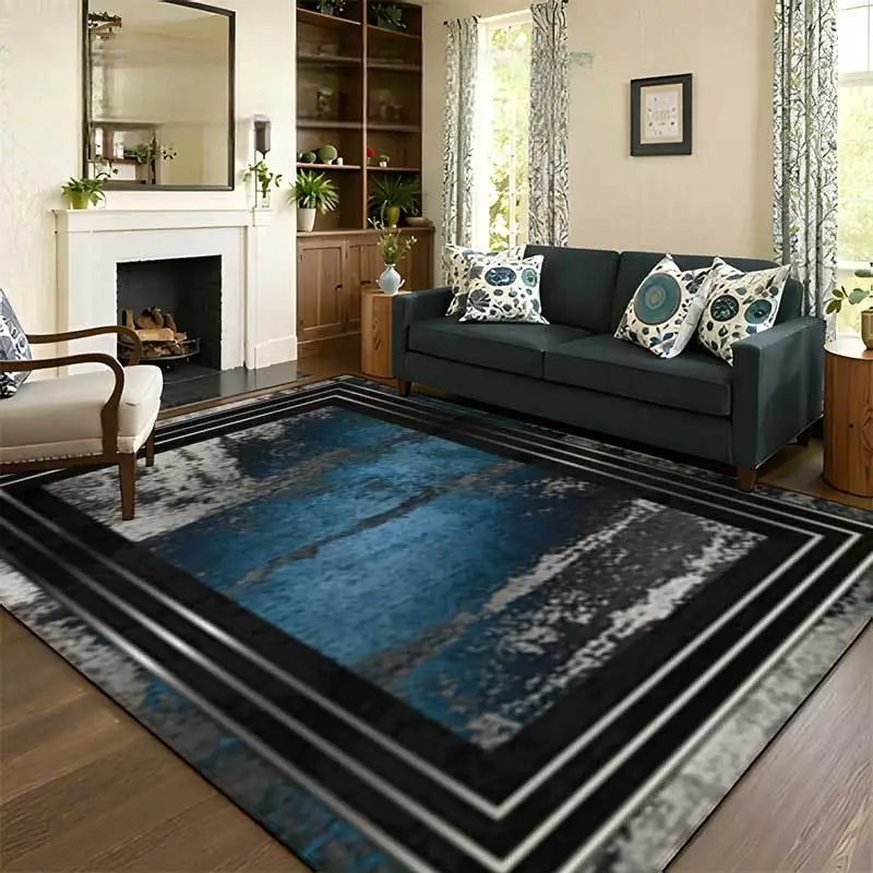 [2d Flat]1Pc Distressed-Style Abstract Rug (Blue, White, and Black) with Multi-Border Design – Ideal for Living Rooms and Bedrooms, Modern Minimalist Floor Covering, Home Decor Rug