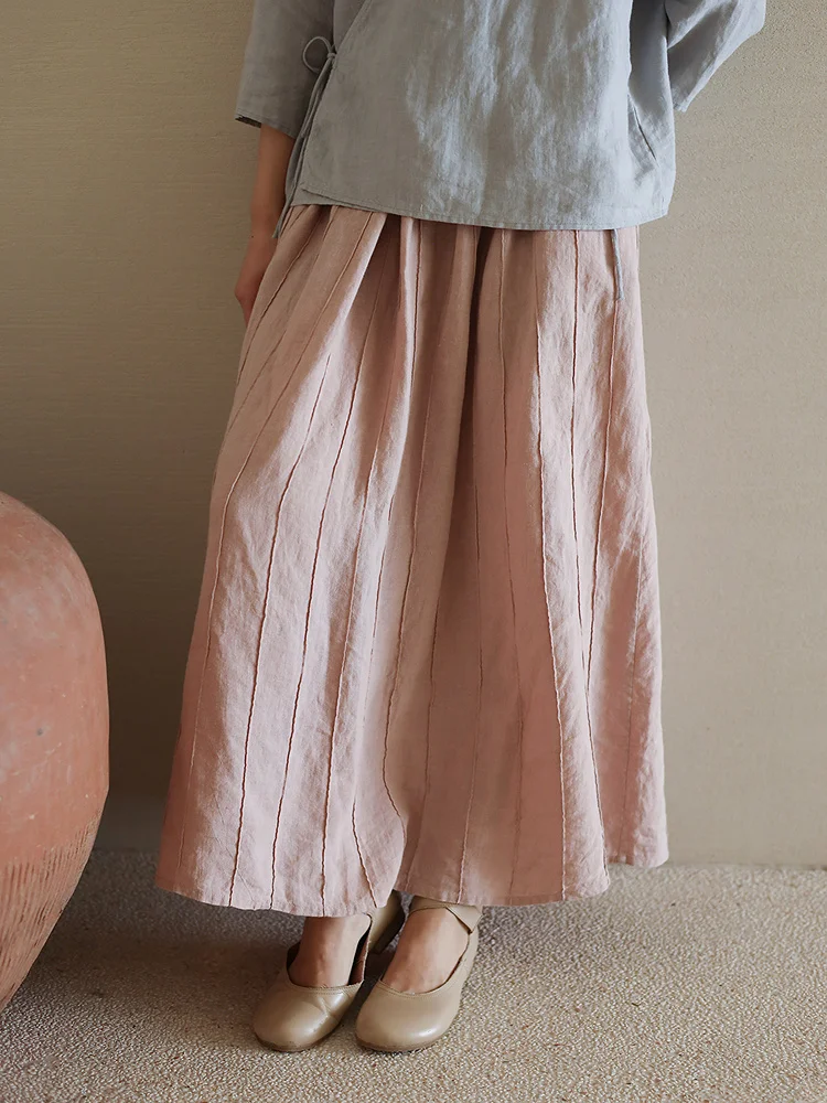 

Summer Linen 302 Blooming Versatile 3D Effect Slimming Retro Artistic Midi Skirt Women's Fashion High Waist Long Skirt