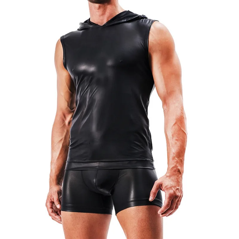 

Faux Leather Slim-fit Tank and Shorts Set for Men Sexy Tight Black Bar Club Party Performance Outfit with Hood Wide Oulder Strap