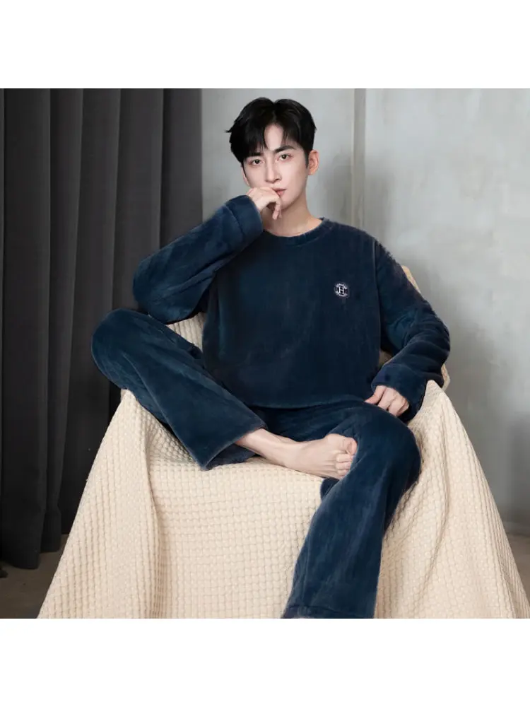 Thickened Flannel Sleepwear for Men Winter Coral Fleece Home Clothes Set Spring Autumn Winter Style Casual Loose Fit Long Sleeve