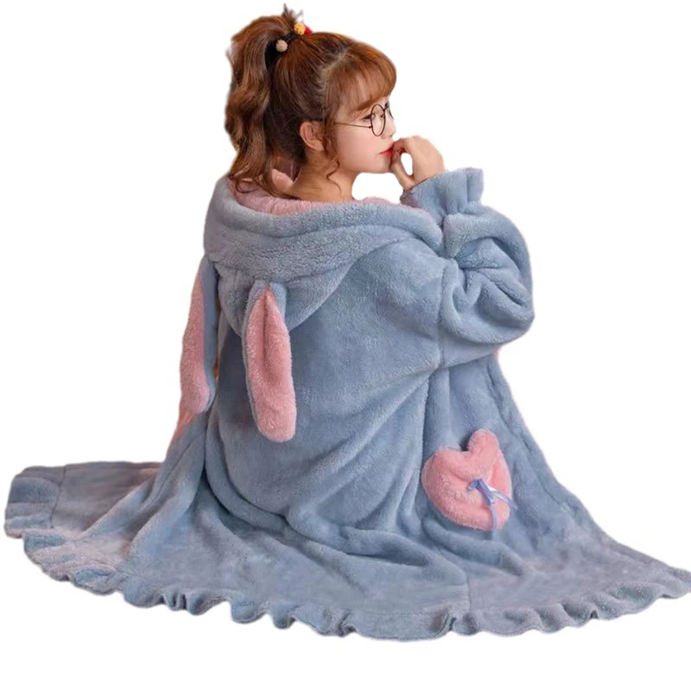 

Women's Long Coral Fleece Nightgowns Cute Hooded Women Girls Nightdress Soft Thick Flannel Night-robe For Winter Pajamas Dress