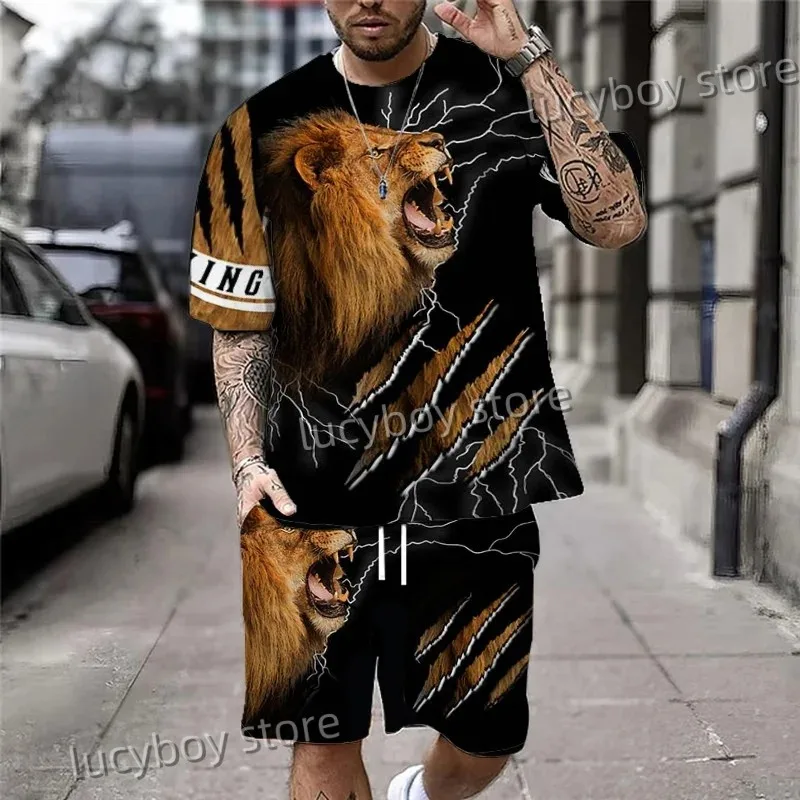 2025 Men's Classic 3D Printed T-shirt and Shorts Set Fashionable Retro Street Style Short Sleeved and Shorts Two-piece Set