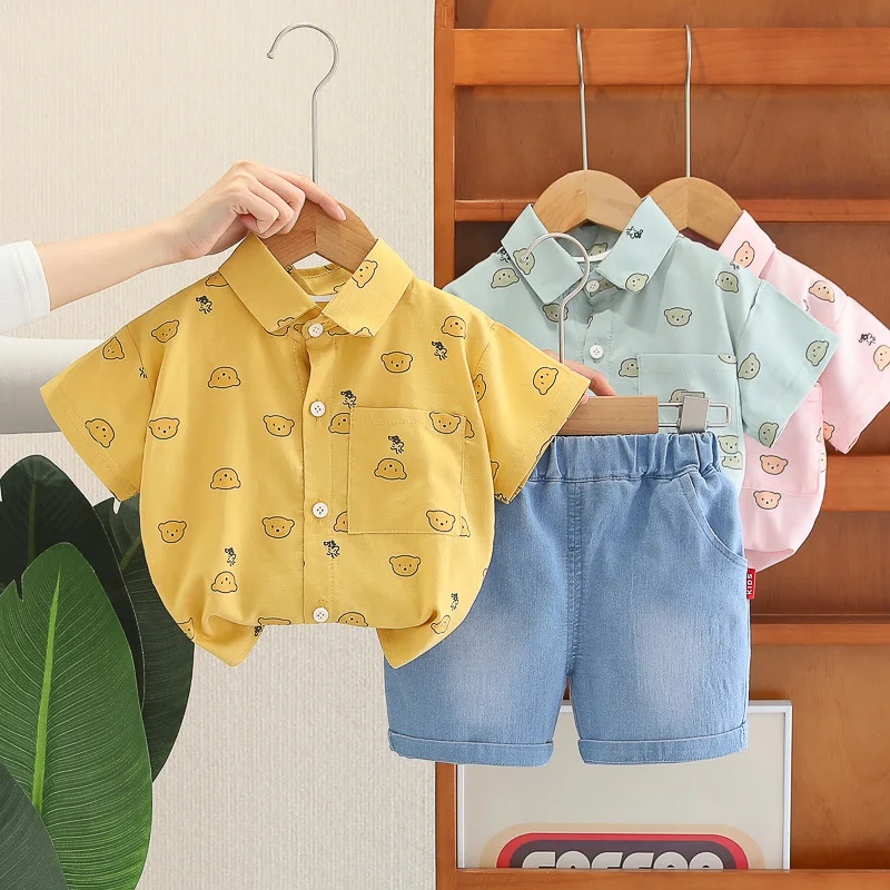 

Male baby summer outfit set 2025 new baby children's clothing shirt short sleeved two-piece set for boys with half sleeves