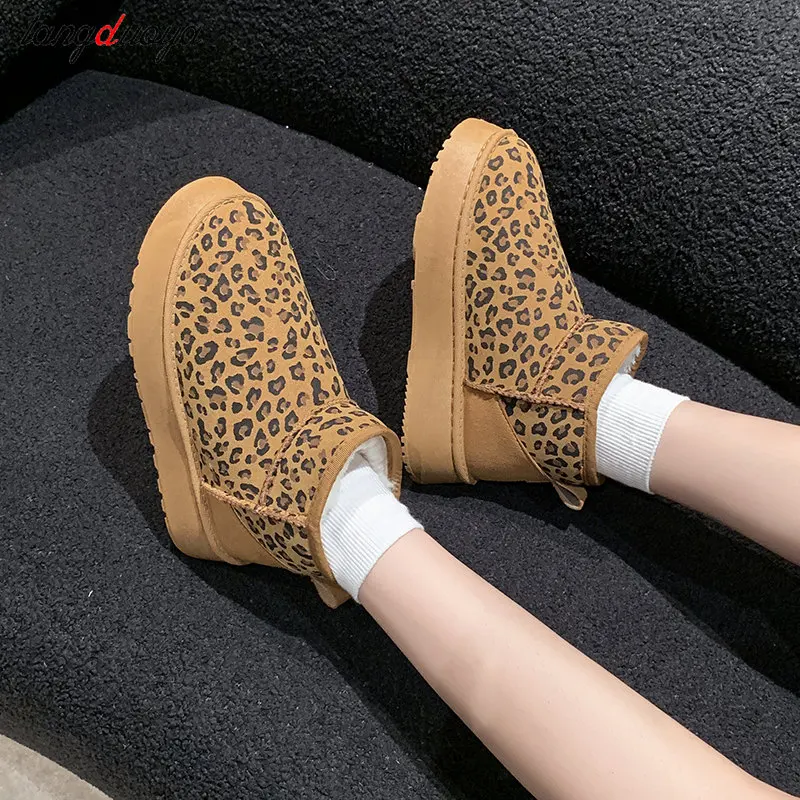 Leopard Print Suede Snow Boots Woman Platform Ankle Boots Winter New Thickened plush Warm Cotton Shoes Women  Short-Tube Boots