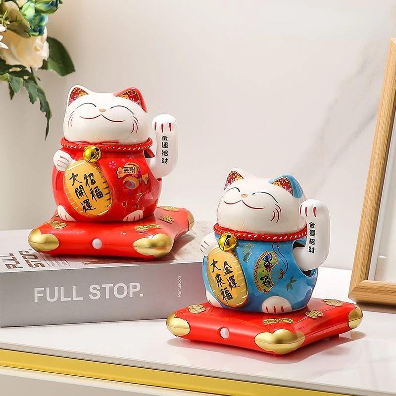 Ceramic Fortune Cat Desktop Ornaments Solar Shake Hands Fortune Household Living Room Office Decoration Open for Business Gift