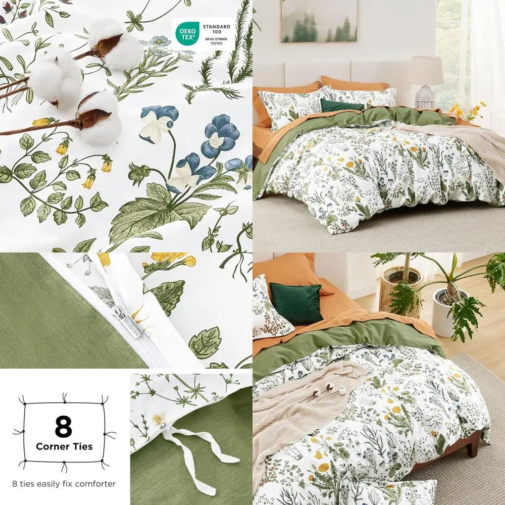 

Комплект постельного белья из хлопка с цветочным узором, на молнии, 3 предмета, зеленый, 2 наволочки 20x26