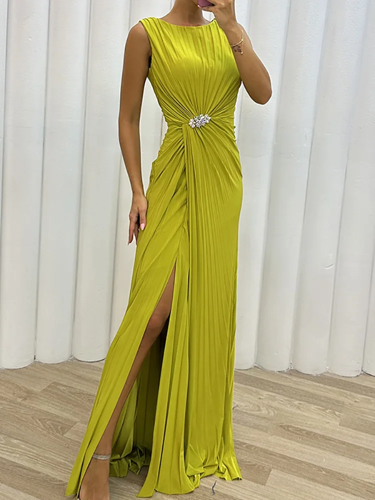 Summer Women Sexy Split Party Dress, Loungewear Solid Sleeveless Fashion Holiday Dress, O-Neck Elegant Zipper Ladies Maxi Dress