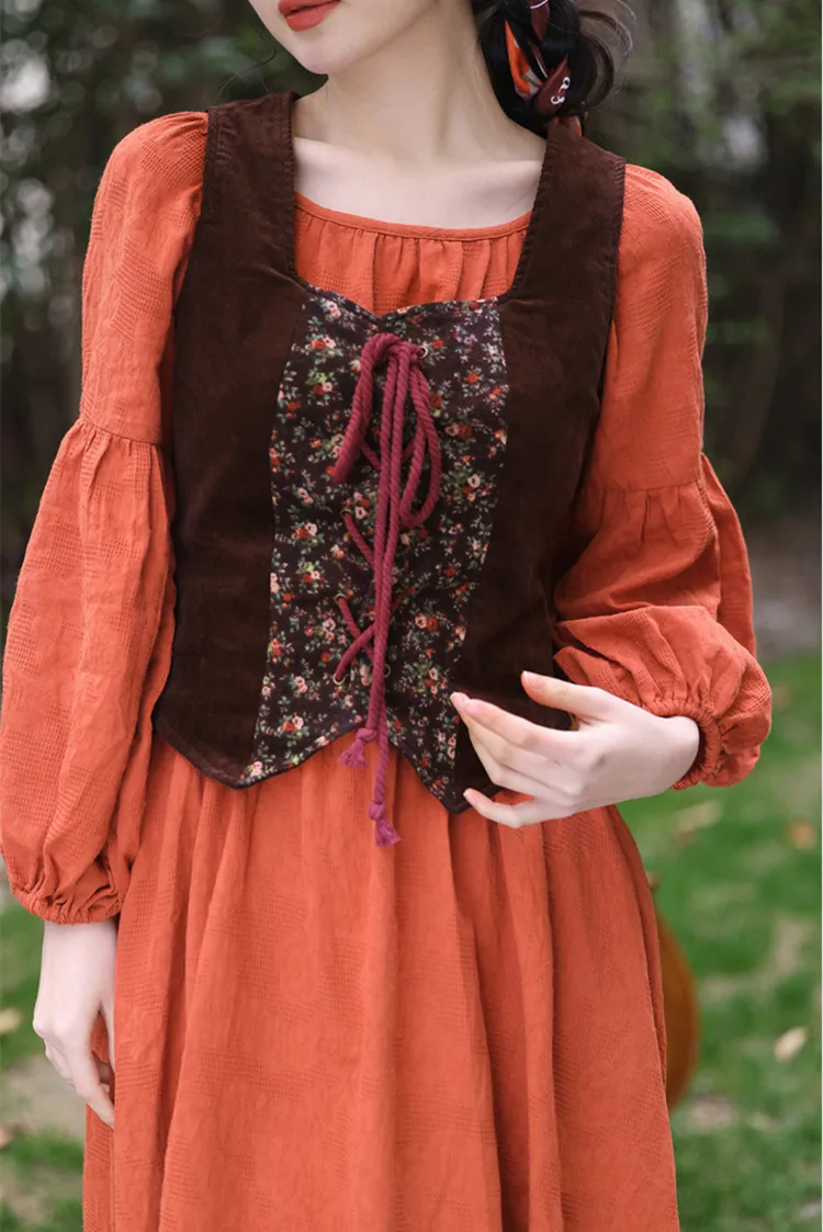 فستان أنيق من Cotton agecore Prairie Mori Girl فستان كلاسيكي من القطن والكتان على الطراز الفرنسي مع سترة من القرون الوسطى ريترو فيستدو فيستا