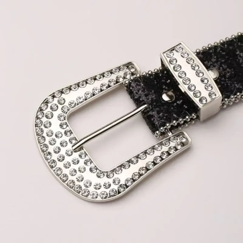 New rhinestone sequin hollow women's belt, stylish versatile pin buckle with studs, wide belt to accessorize jeans