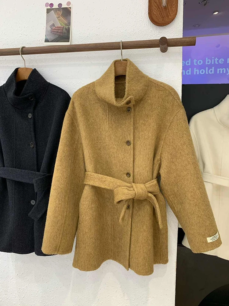 Double Sided Cashmere Coat For Women Winter Temperament Stand Collar Tied Woolen Overcoat Female Loose Waist Woolen Clothes