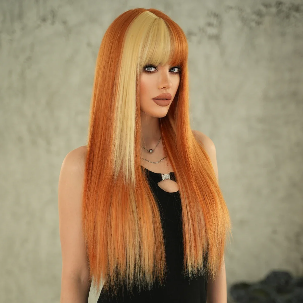 PARK YUN Cosplay Wig Synthetic Long Straight Blonde Ombre Orange Wig For Women Daily Party High Density Layered Wigs With Bangs