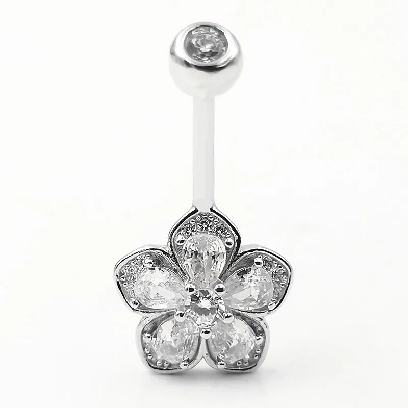 

S925 Sterling Silver Belly Bars Ring Flower Belly Buttton Ring CZ Navel Piercings Body Jewelry for Women