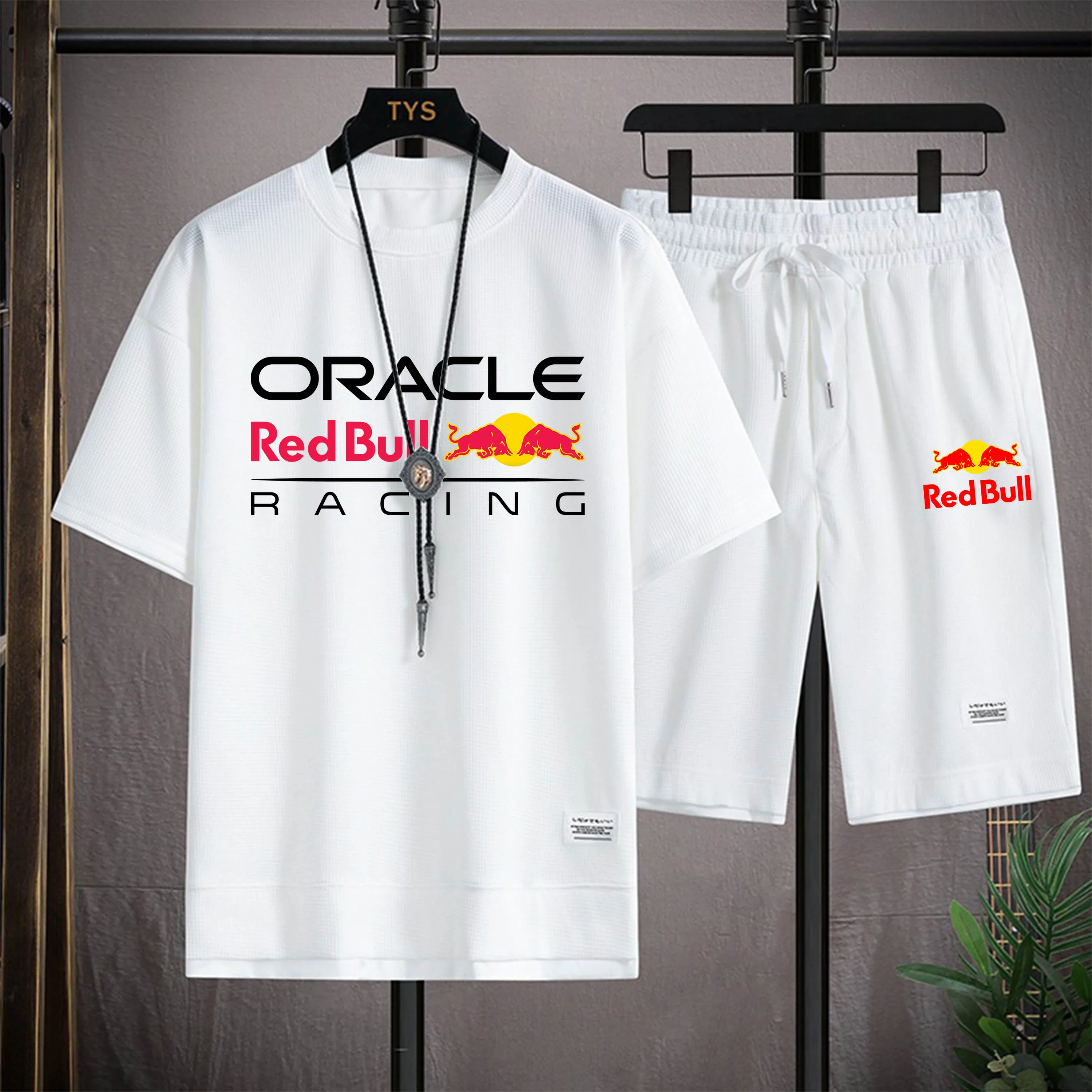 

2025 New Men's Summer Red Bull Racing Waffle Short Sleeve+Shorts 2-piece Fashion Street Set Sports Jogging Set Extreme Sports