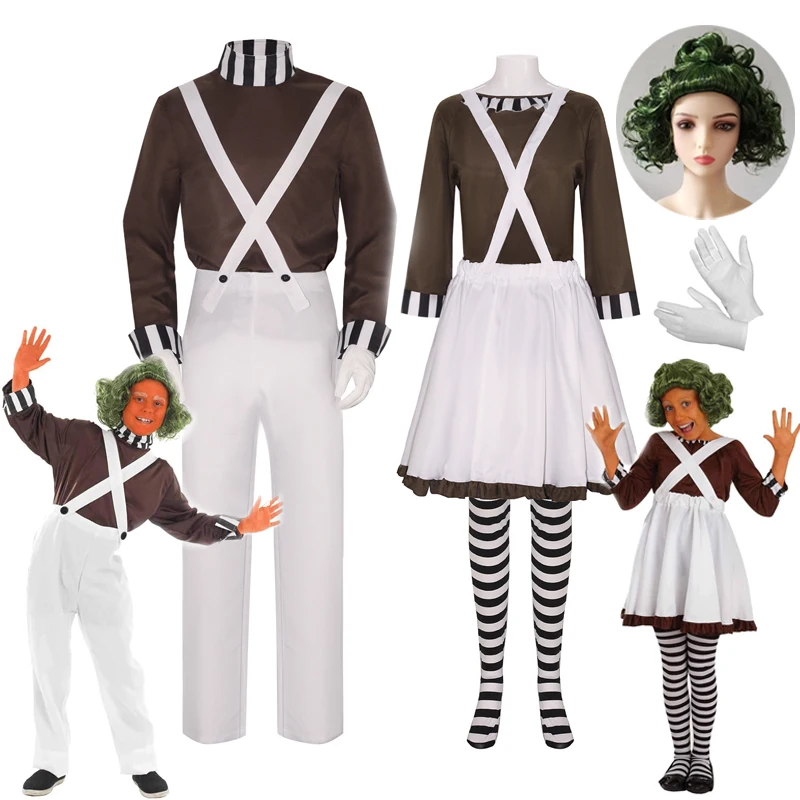 

Movie Charlie Chocolate Factory Cosplay Costume Halloween Adult Loompa Oompa Performance Costumes Party Top Camisole Pants Set
