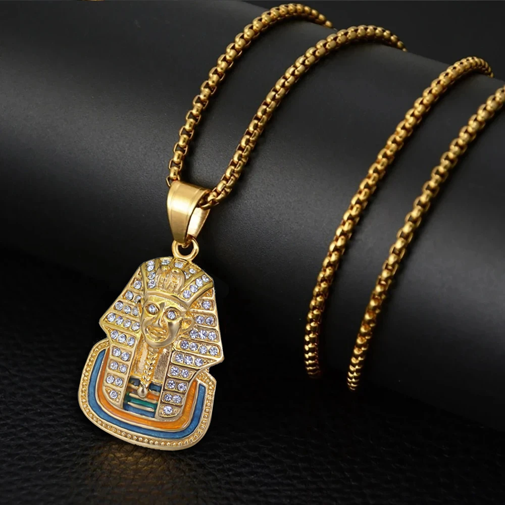 Egyptian Iced Out Bling Pharaoh Pendant Necklaces Male Gold Color Stainless Steel Necklace For Women Men Egypt Jewelry Gift