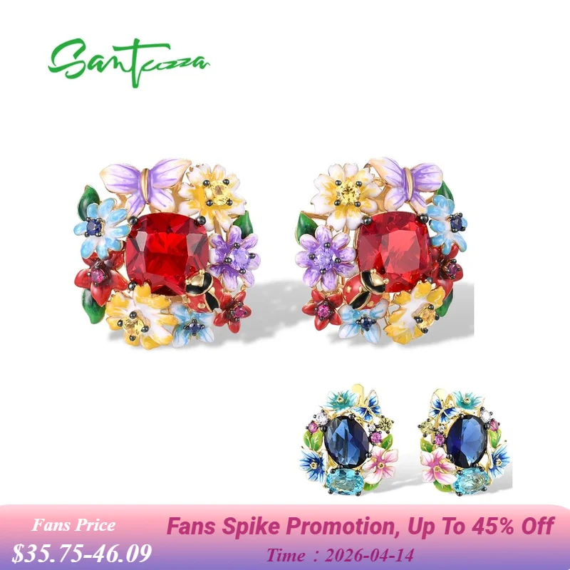 

SANTUZZA Pure 925 Sterling Silver Earrings For Women Red Stone Colorful Flowers Butterfly Ladybug Fine Jewelry Handmade Enamel