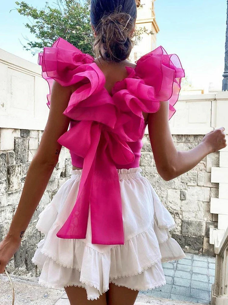 summer chiffon blouse women transparent organza pink puff ruffle sleeve back bow blouse sexy slim short tops female camisole New