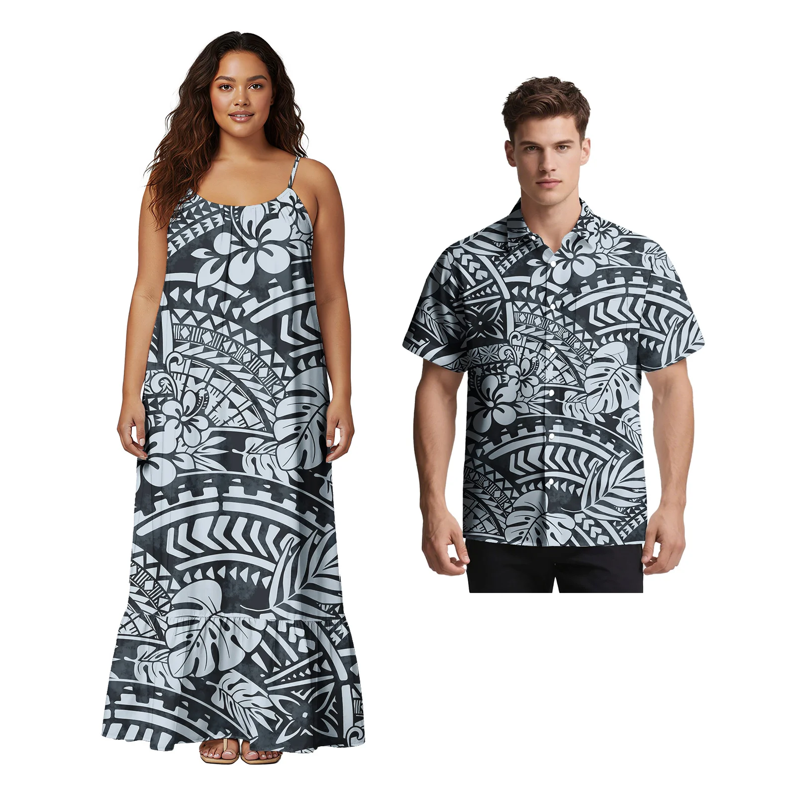Upscale Custom Couple Suit Polynesian Men Shirt Elegant Ladies Hawaiian Dress Oversize Tribal Design Samoan Couple Match Outfits