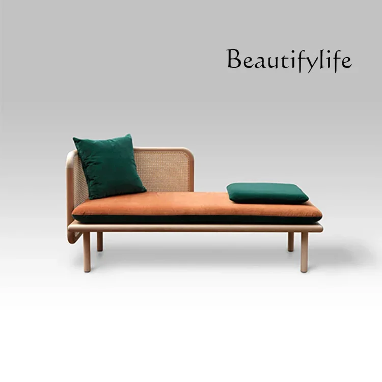 

S Nordic Retro Rattan Sofa Hotel Homestay Solid Wood Lazy Chaise Longue Household Double Rattan Chair
