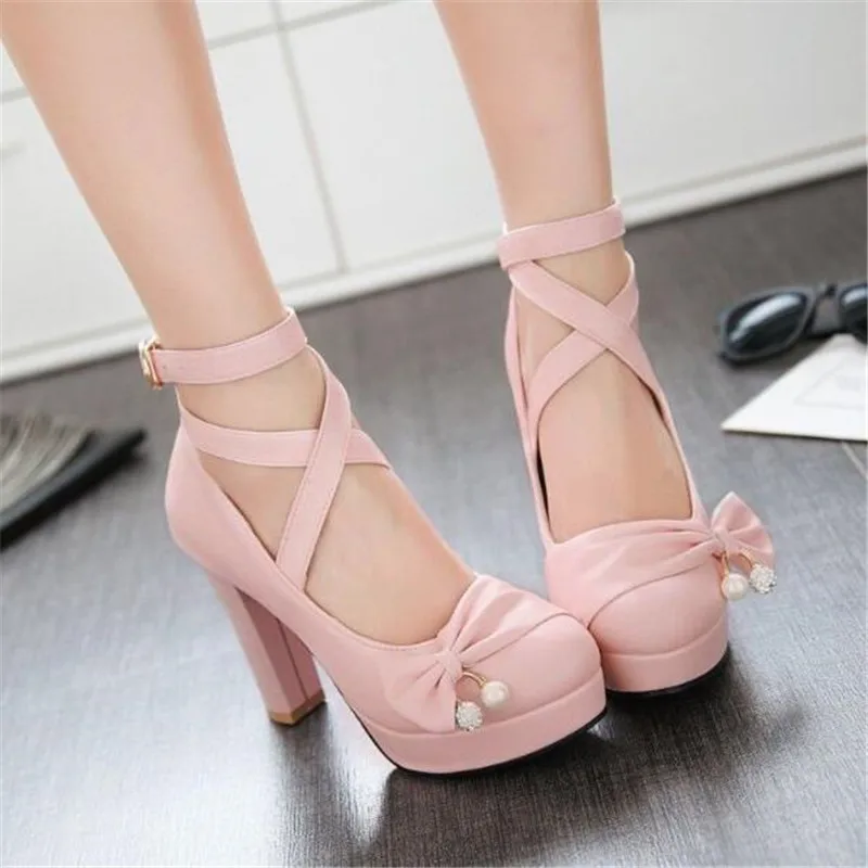 10.5cm High Heels Women Platform Pumps Girls Mary Janes Lolita Shoes Fashion Ladies Bowknot Princess Wedding Party Shoes 32-43