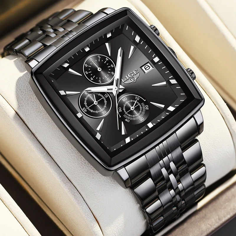 LIGE Orologi sportivi da uomo Fashion Business Orologio da polso luminoso quadrato da uomo Cronografo al quarzo con data impermeabile Relogio Masculino