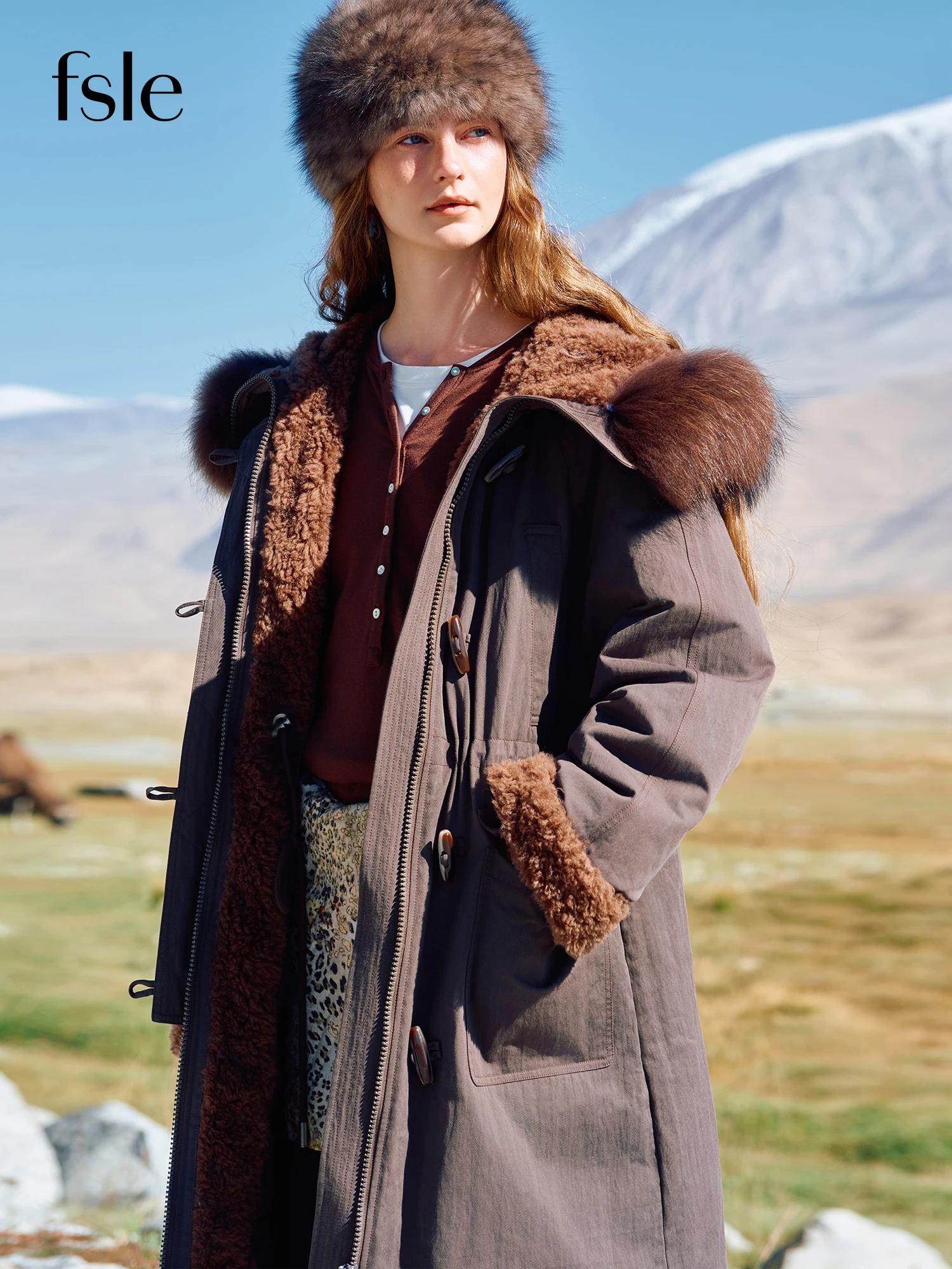 FSLE Women's Fur-Lined Down Parka with Wool Blending Mid-Length Winter Jacket for 2025 Winter New Arrival  Long Hooded Jacket